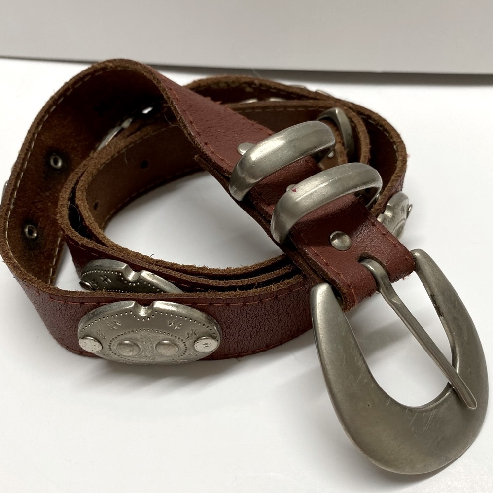 Access Genuine Leather Brown Belt Silver Buckle Conchos Western Rodeo Moto Sz M
